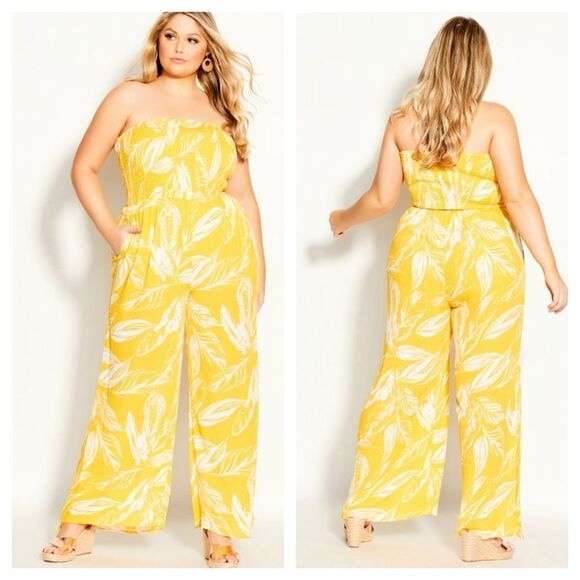 City Chic Yellow Sunshine Tropical Palm Leaf Strapless Jumpsuit - Picture 1 of 7